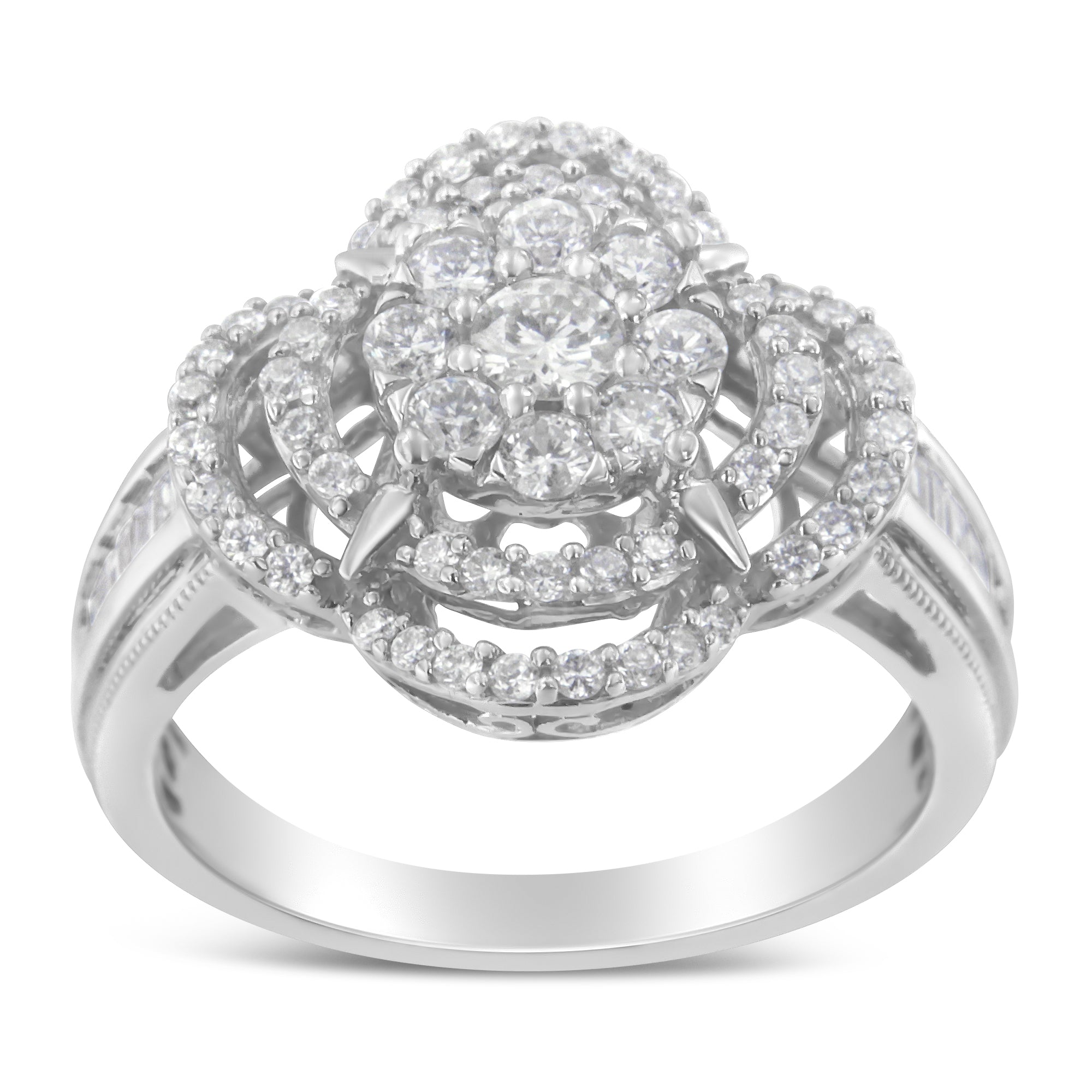 14K White Gold 1.0 Cttw Round &amp; Baguette Cut Diamond Floral Cluster Quatrefoil Channel Set Band Cocktail Statement Ring (H-I Color, SI2-I1 Clarity) - Size 6-3/4 