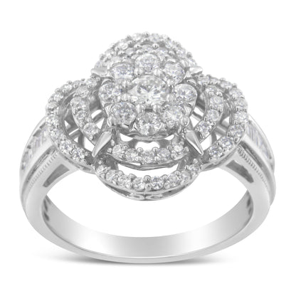 14K White Gold 1.0 Cttw Round &amp; Baguette Cut Diamond Floral Cluster Quatrefoil Channel Set Band Cocktail Statement Ring (H-I Color, SI2-I1 Clarity) - Size 6-3/4 
