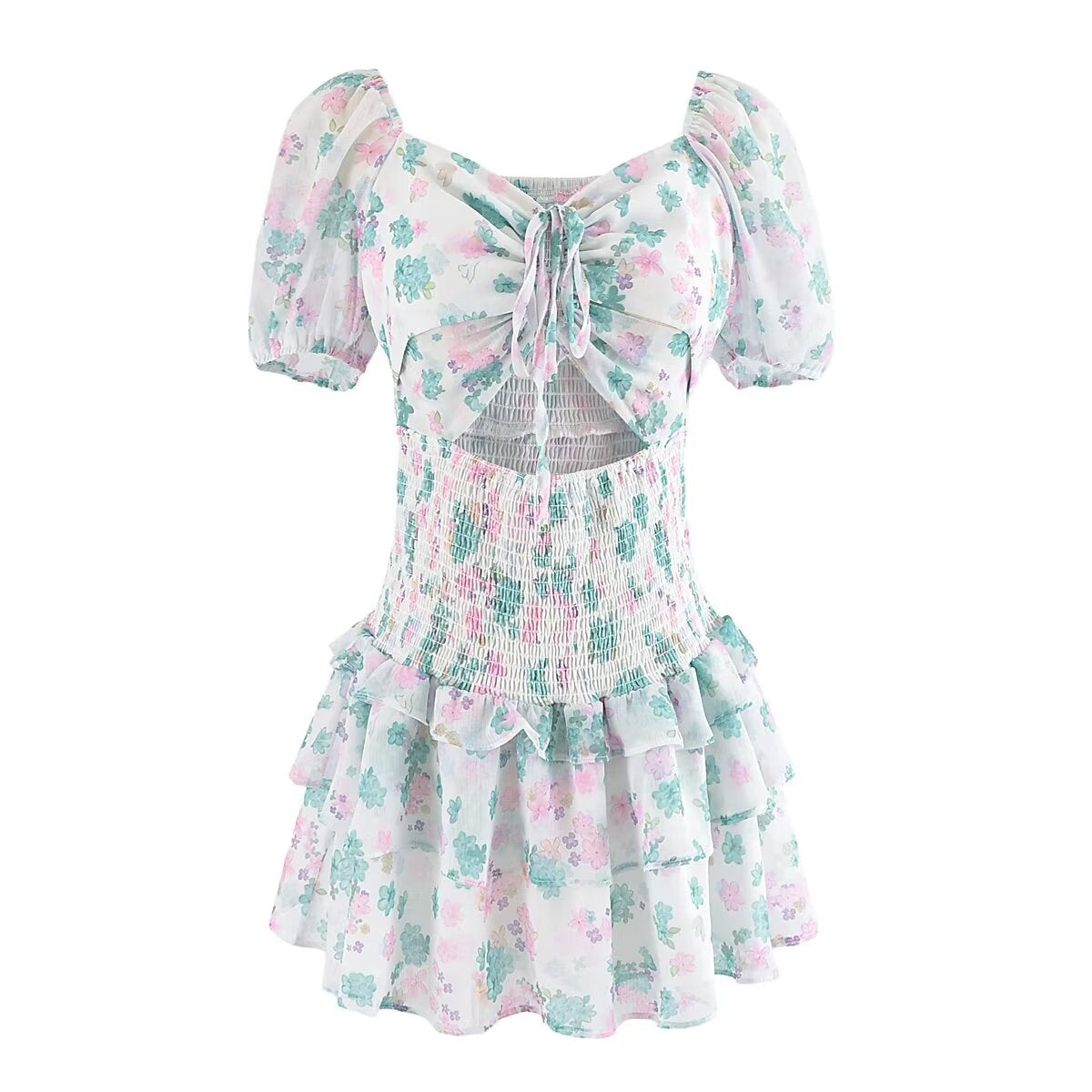 Simple Sexy Niche Design Dress Floral Drawstring Elastic Puff Short Sleeve High Waist Dress by Ragazza