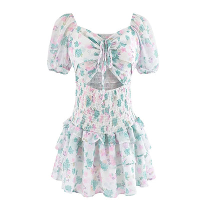 Simple Sexy Niche Design Dress Floral Drawstring Elastic Puff Short Sleeve High Waist Dress by Ragazza