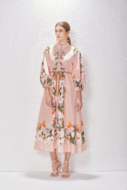 Printed Fashion Temperament Stand Collar Single Breasted Lantern Sleeve Long Dress by Ragazza