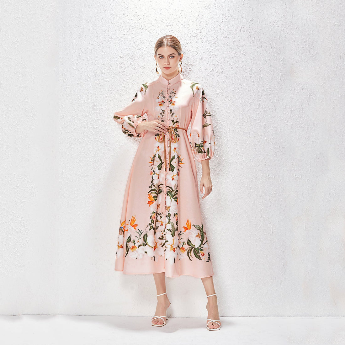 Printed Fashion Temperament Stand Collar Single Breasted Lantern Sleeve Long Dress by Ragazza