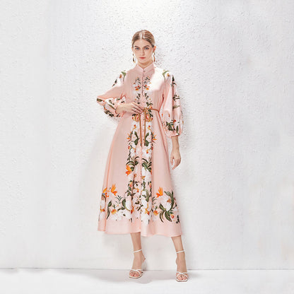 Printed Fashion Temperament Stand Collar Single Breasted Lantern Sleeve Long Dress by Ragazza