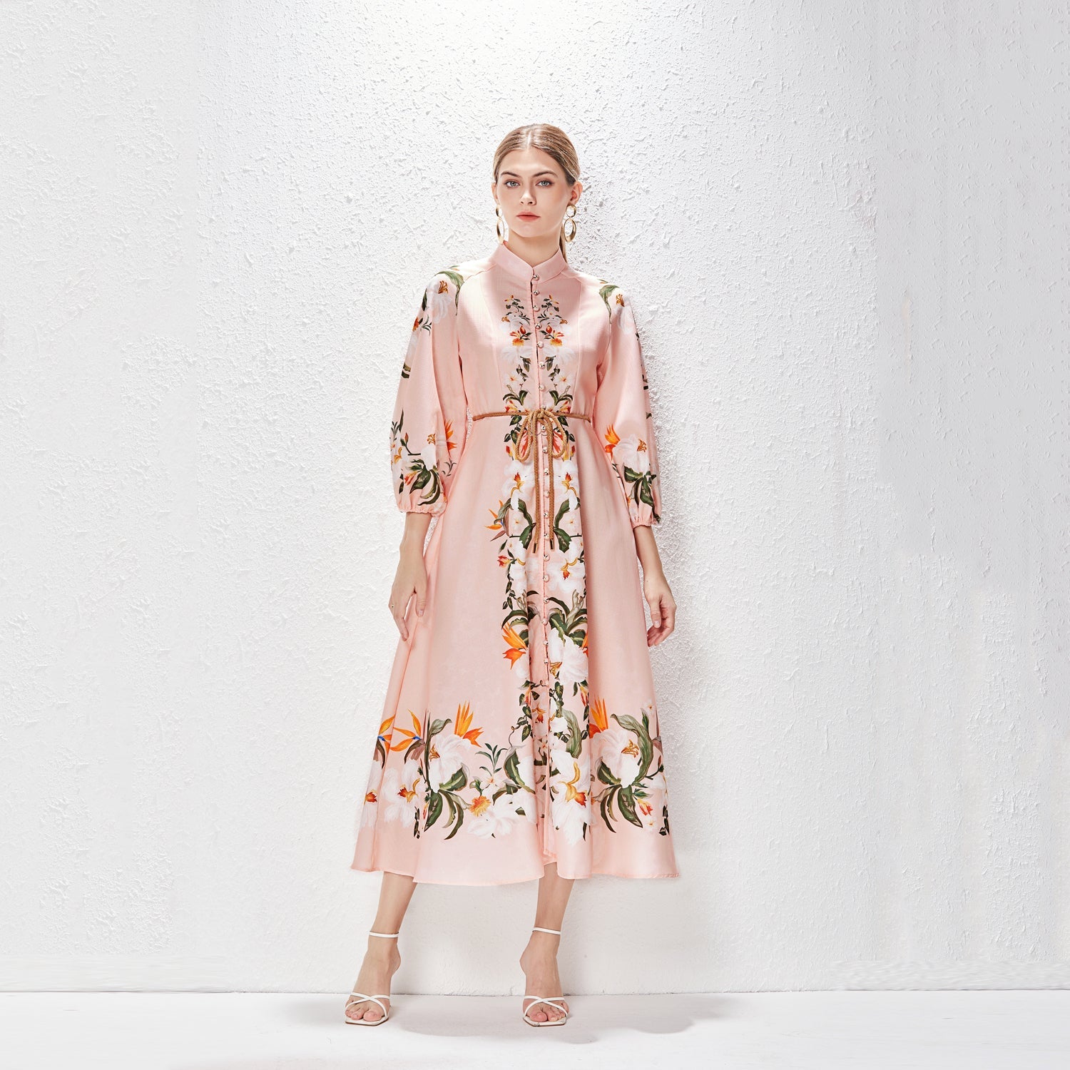 Printed Fashion Temperament Stand Collar Single Breasted Lantern Sleeve Long Dress by Ragazza