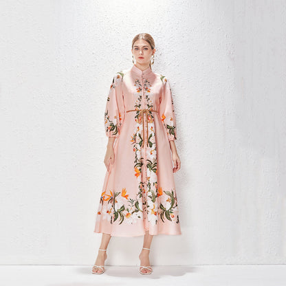 Printed Fashion Temperament Stand Collar Single Breasted Lantern Sleeve Long Dress by Ragazza