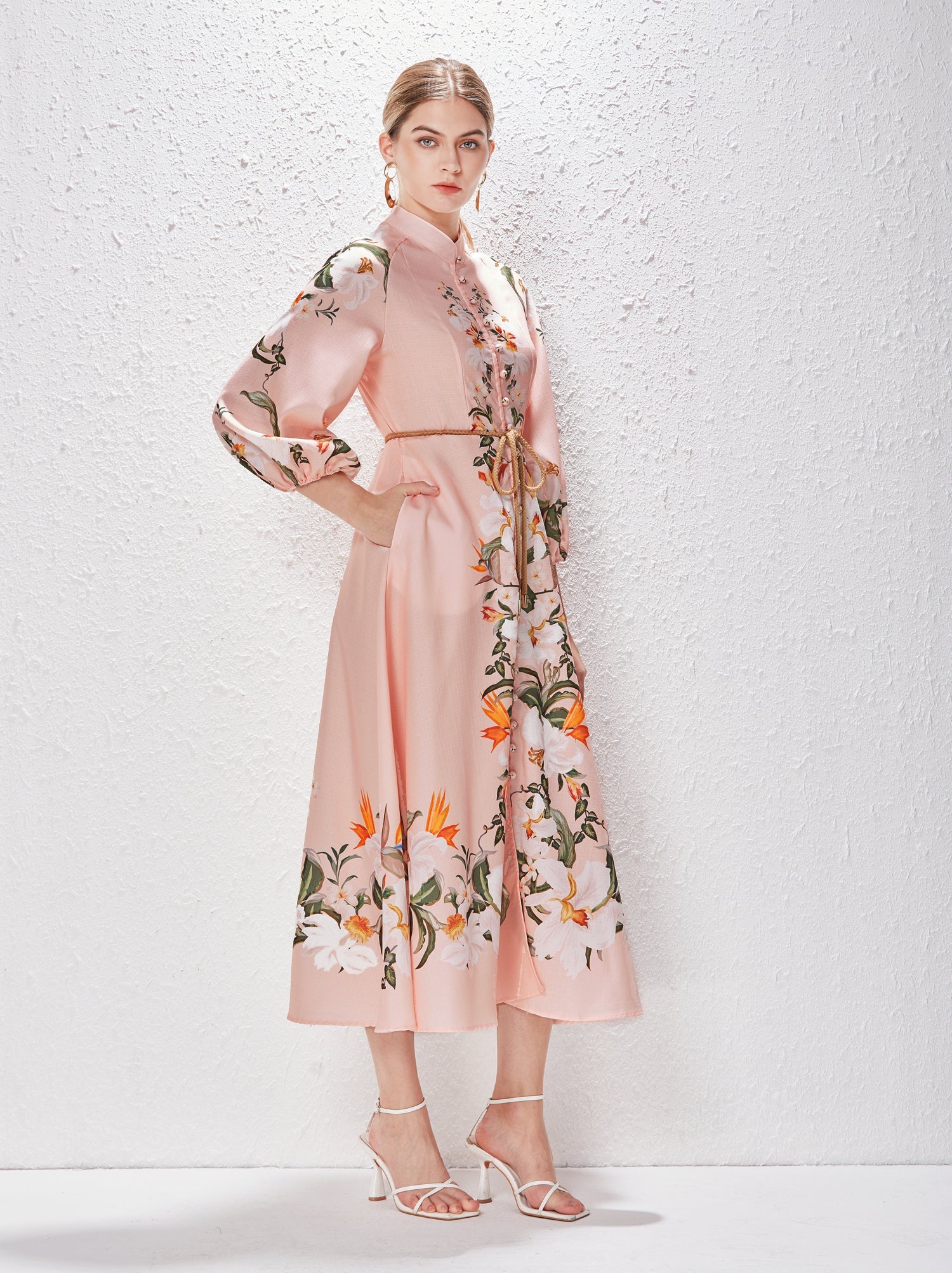 Printed Fashion Temperament Stand Collar Single Breasted Lantern Sleeve Long Dress by Ragazza