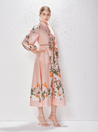 Printed Fashion Temperament Stand Collar Single Breasted Lantern Sleeve Long Dress by Ragazza