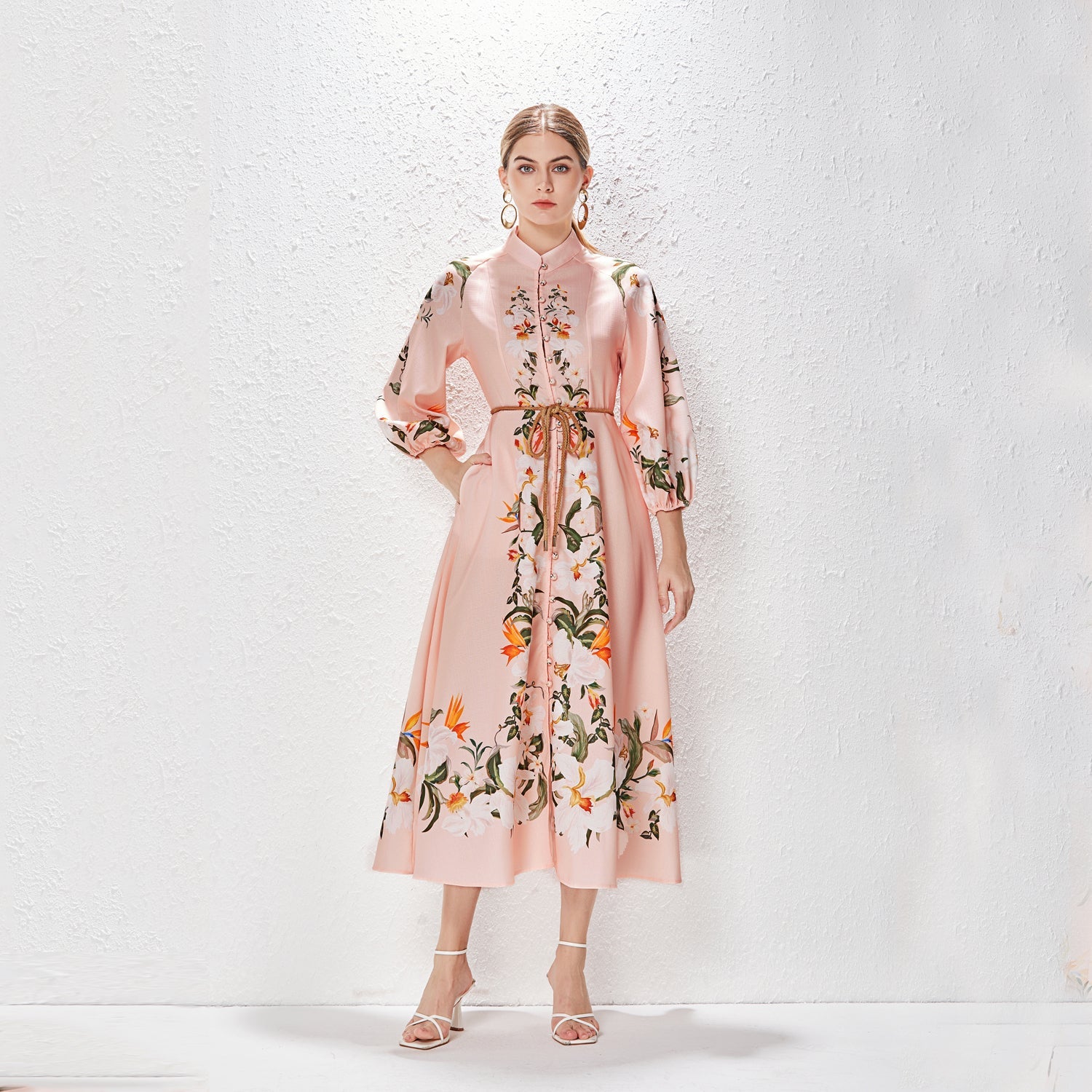 Printed Fashion Temperament Stand Collar Single Breasted Lantern Sleeve Long Dress by Ragazza