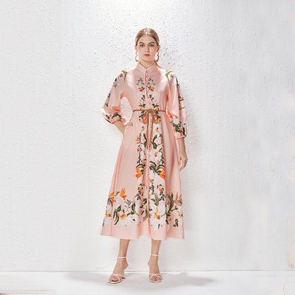 Printed Fashion Temperament Stand Collar Single Breasted Lantern Sleeve Long Dress by Ragazza