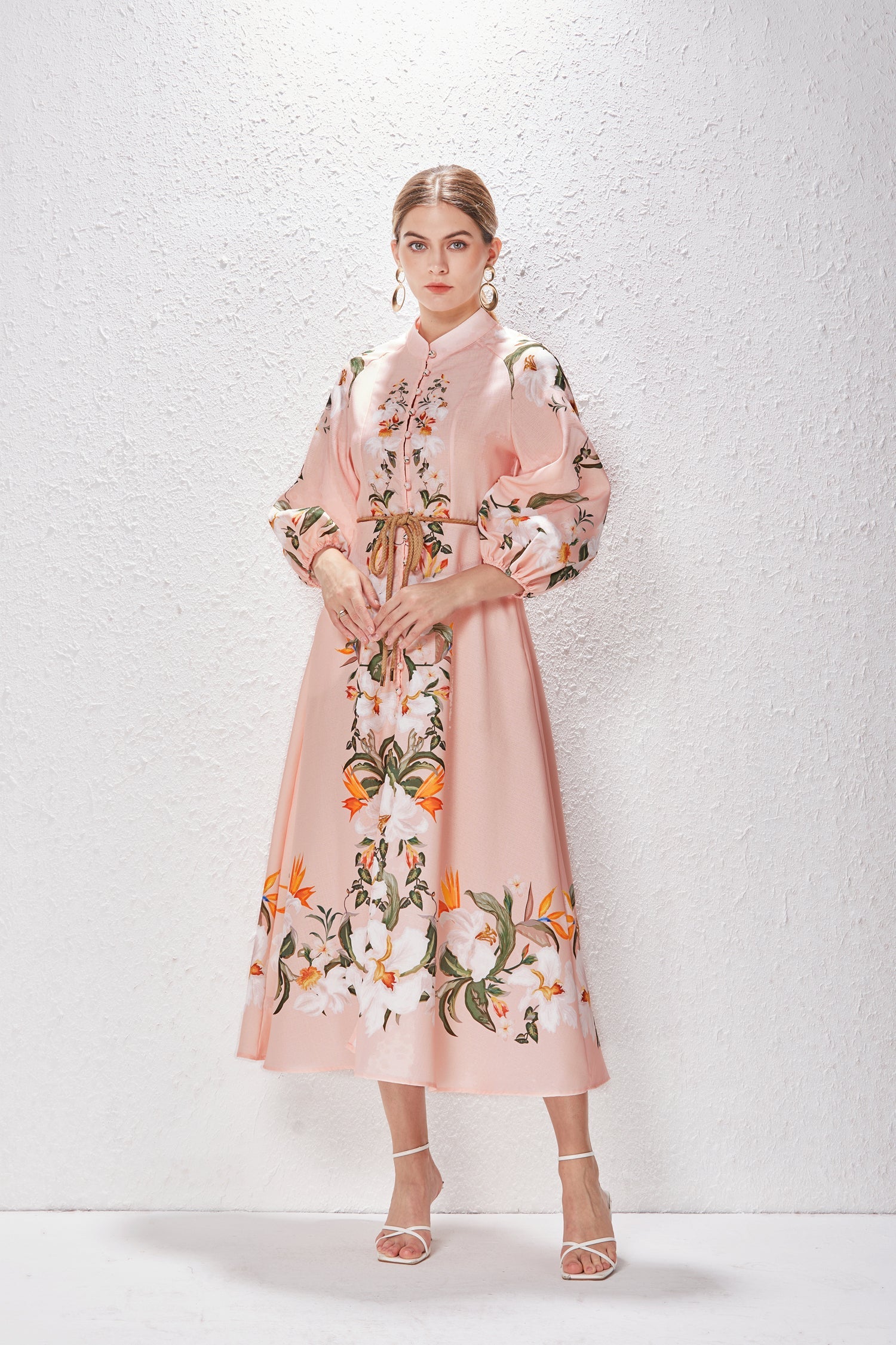 Printed Fashion Temperament Stand Collar Single Breasted Lantern Sleeve Long Dress by Ragazza