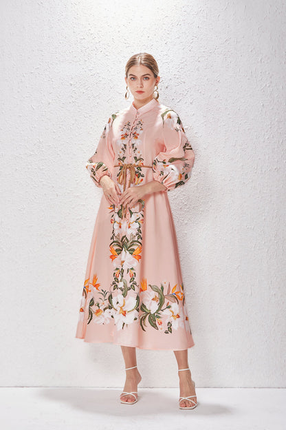 Printed Fashion Temperament Stand Collar Single Breasted Lantern Sleeve Long Dress by Ragazza