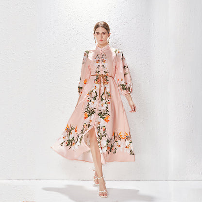 Printed Fashion Temperament Stand Collar Single Breasted Lantern Sleeve Long Dress by Ragazza