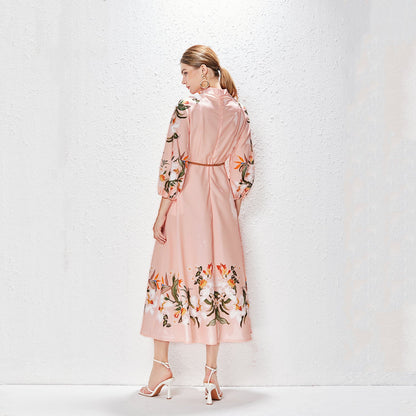 Printed Fashion Temperament Stand Collar Single Breasted Lantern Sleeve Long Dress by Ragazza