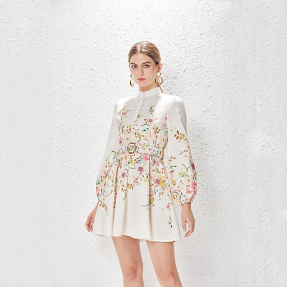 Spring Summer Stand Collar Single Breasted Lantern Sleeve Positioning Printed Dress by Ragazza