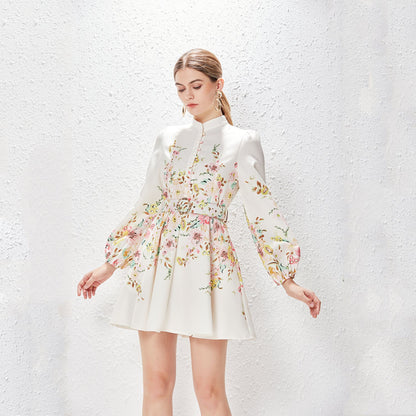 Spring Summer Stand Collar Single Breasted Lantern Sleeve Positioning Printed Dress by Ragazza