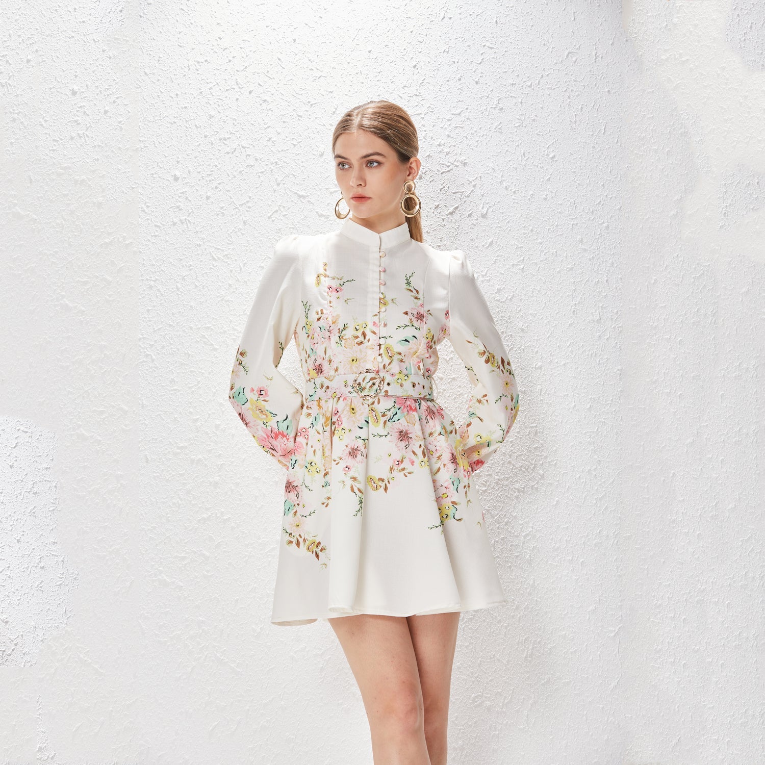 Spring Summer Stand Collar Single Breasted Lantern Sleeve Positioning Printed Dress by Ragazza