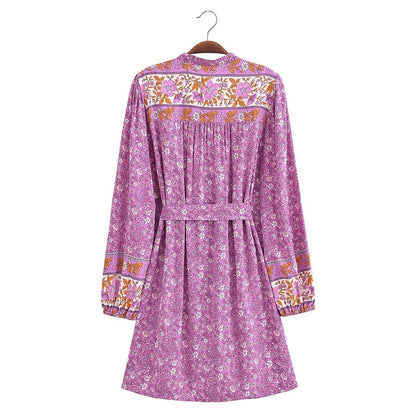 Spring Women Positioning Floral Single Breasted Dress with Belt Long Sleeve Mid Length Dress by Ragazza