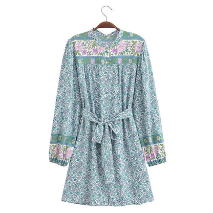 Spring Women Positioning Floral Single Breasted Dress with Belt Long Sleeve Mid Length Dress by Ragazza