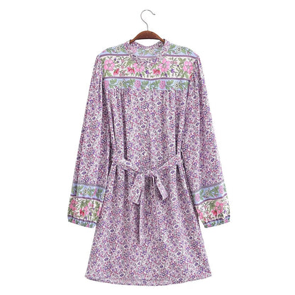 Spring Women Positioning Floral Single Breasted Dress with Belt Long Sleeve Mid Length Dress by Ragazza