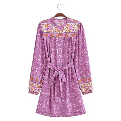 Spring Women Positioning Floral Single Breasted Dress with Belt Long Sleeve Mid Length Dress by Ragazza