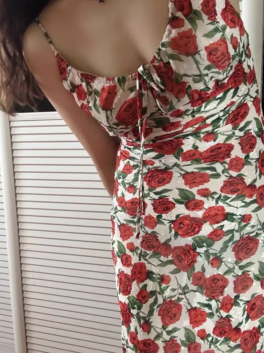 Women Rose Jacquard Printed Slim Waist Fishtail Cami Dress  DestGlow