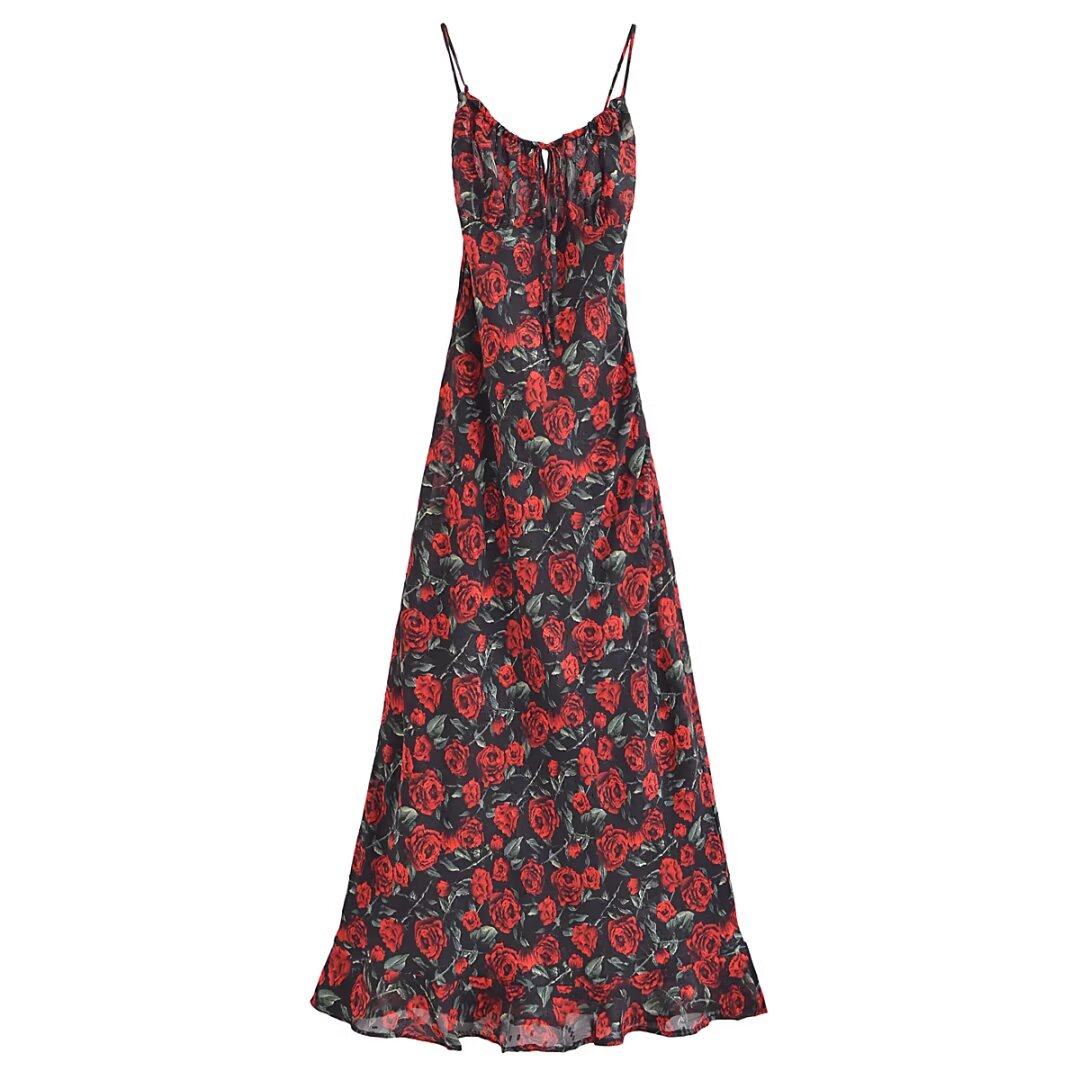 Women Rose Jacquard Printed Slim Waist Fishtail Cami Dress  DestGlow