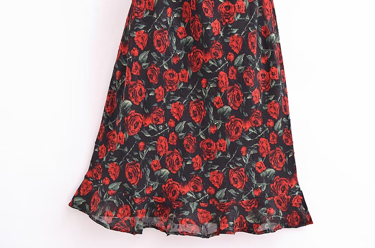 Women Rose Jacquard Printed Slim Waist Fishtail Cami Dress  DestGlow