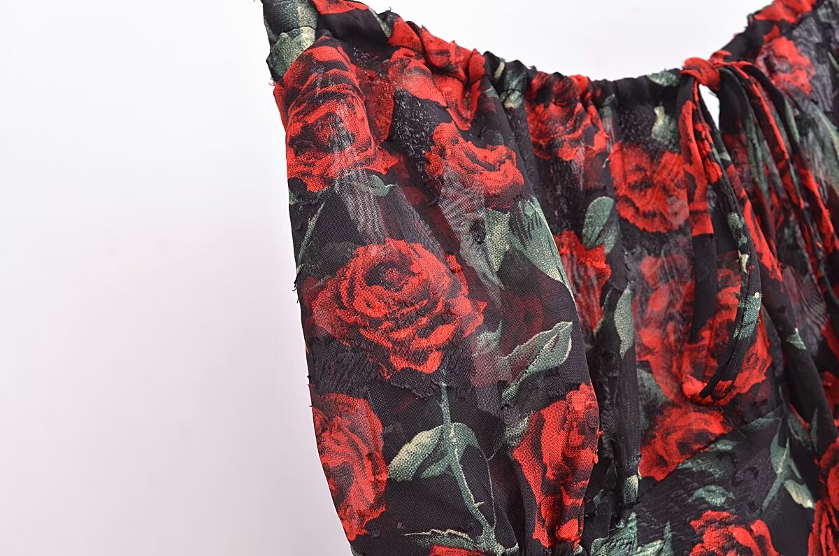 Women Rose Jacquard Printed Slim Waist Fishtail Cami Dress  DestGlow