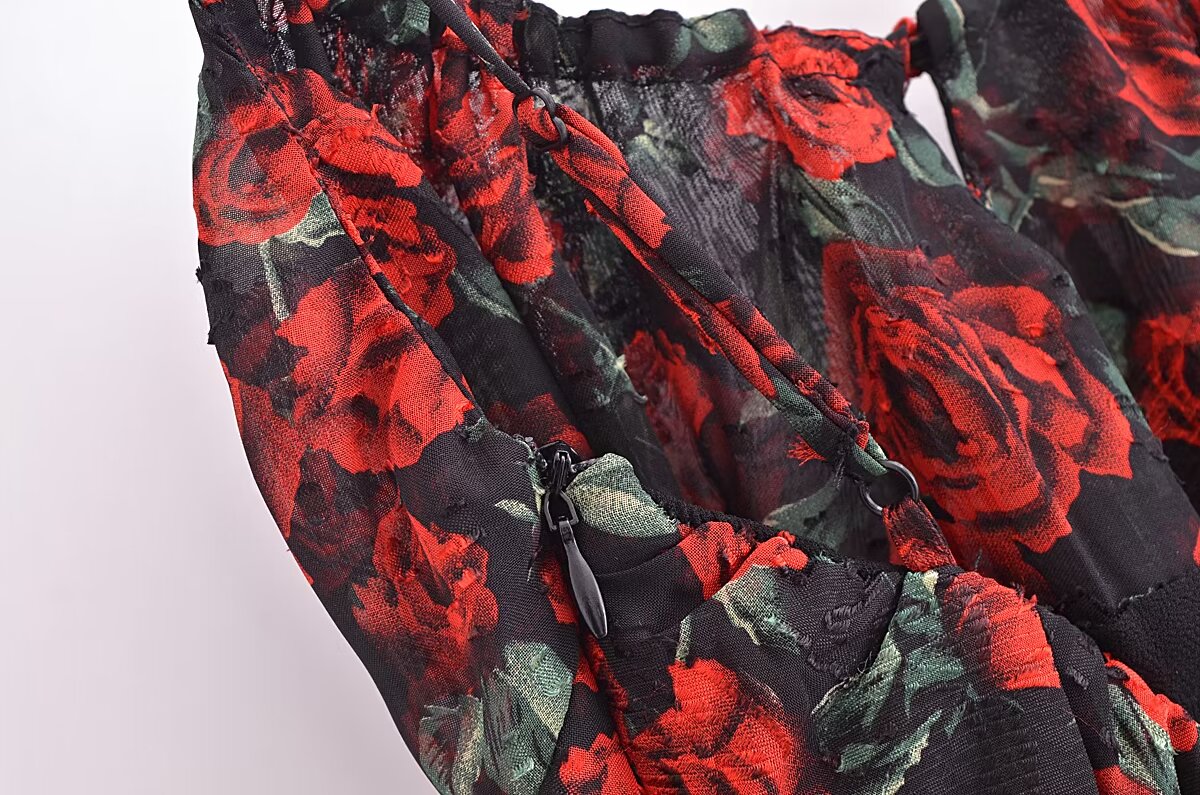 Women Rose Jacquard Printed Slim Waist Fishtail Cami Dress  DestGlow