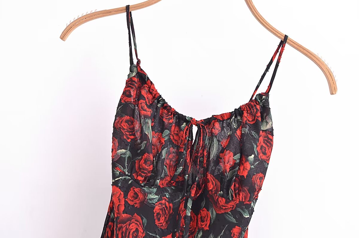 Women Rose Jacquard Printed Slim Waist Fishtail Cami Dress  DestGlow