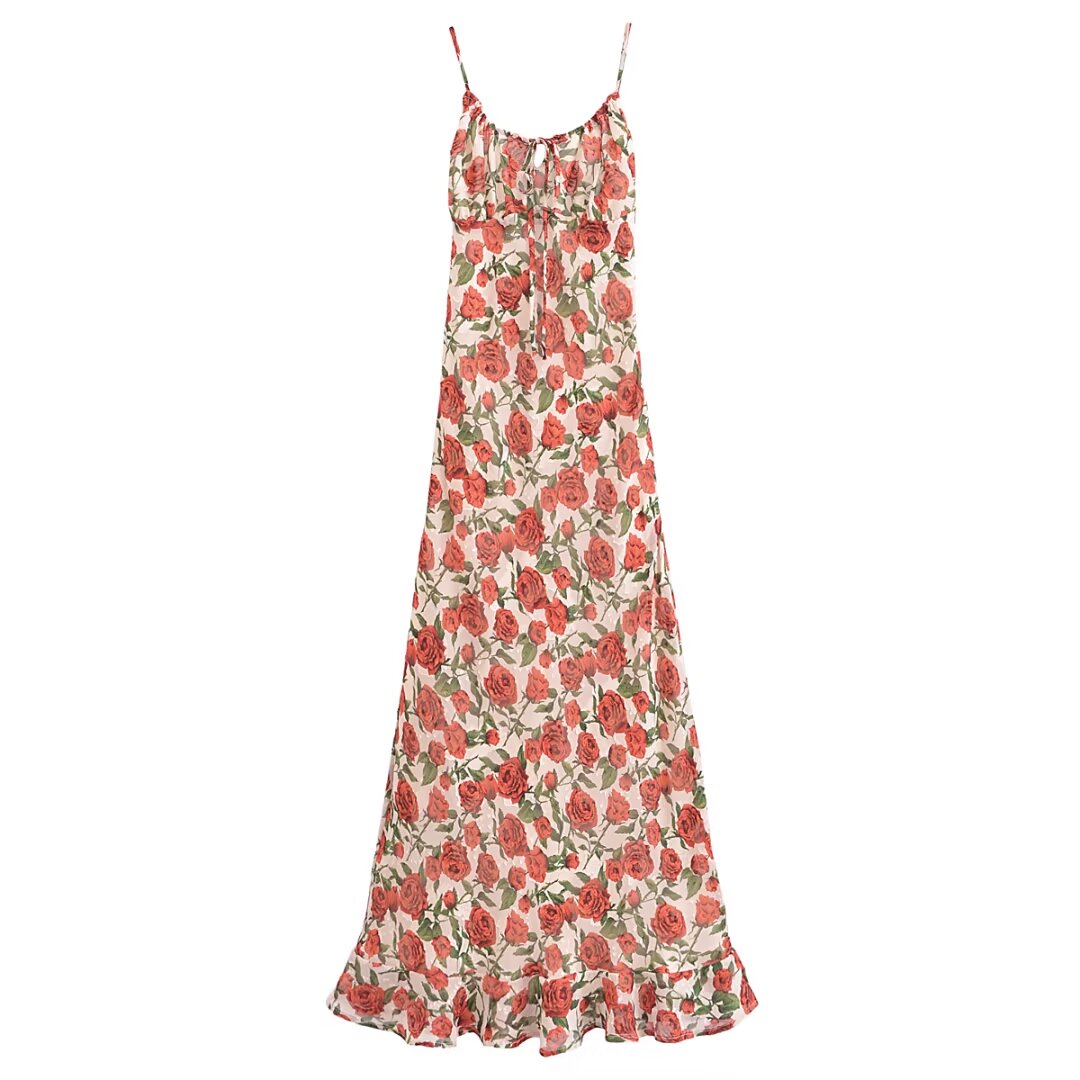 Women Rose Jacquard Printed Slim Waist Fishtail Cami Dress  DestGlow