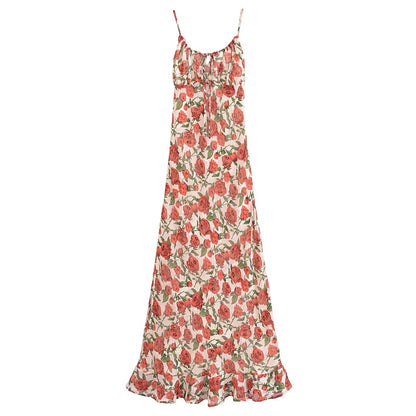 Women Rose Jacquard Printed Slim Waist Fishtail Cami Dress  DestGlow