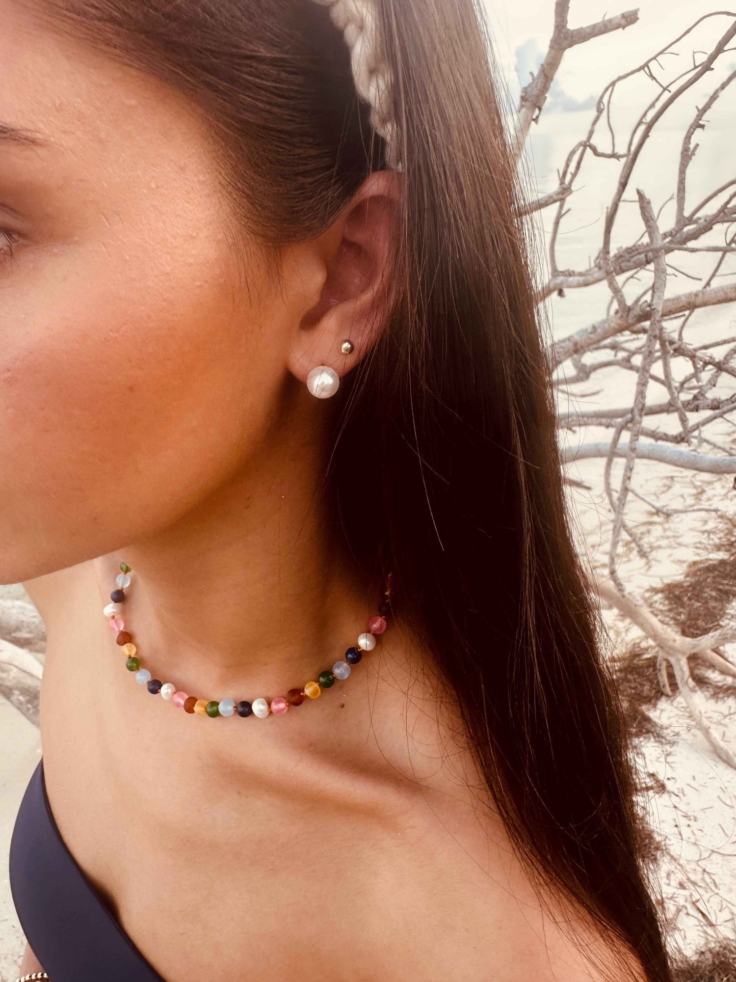 Raw Baltic Amber and Pearl Necklace + Sweet Pink Gemstones