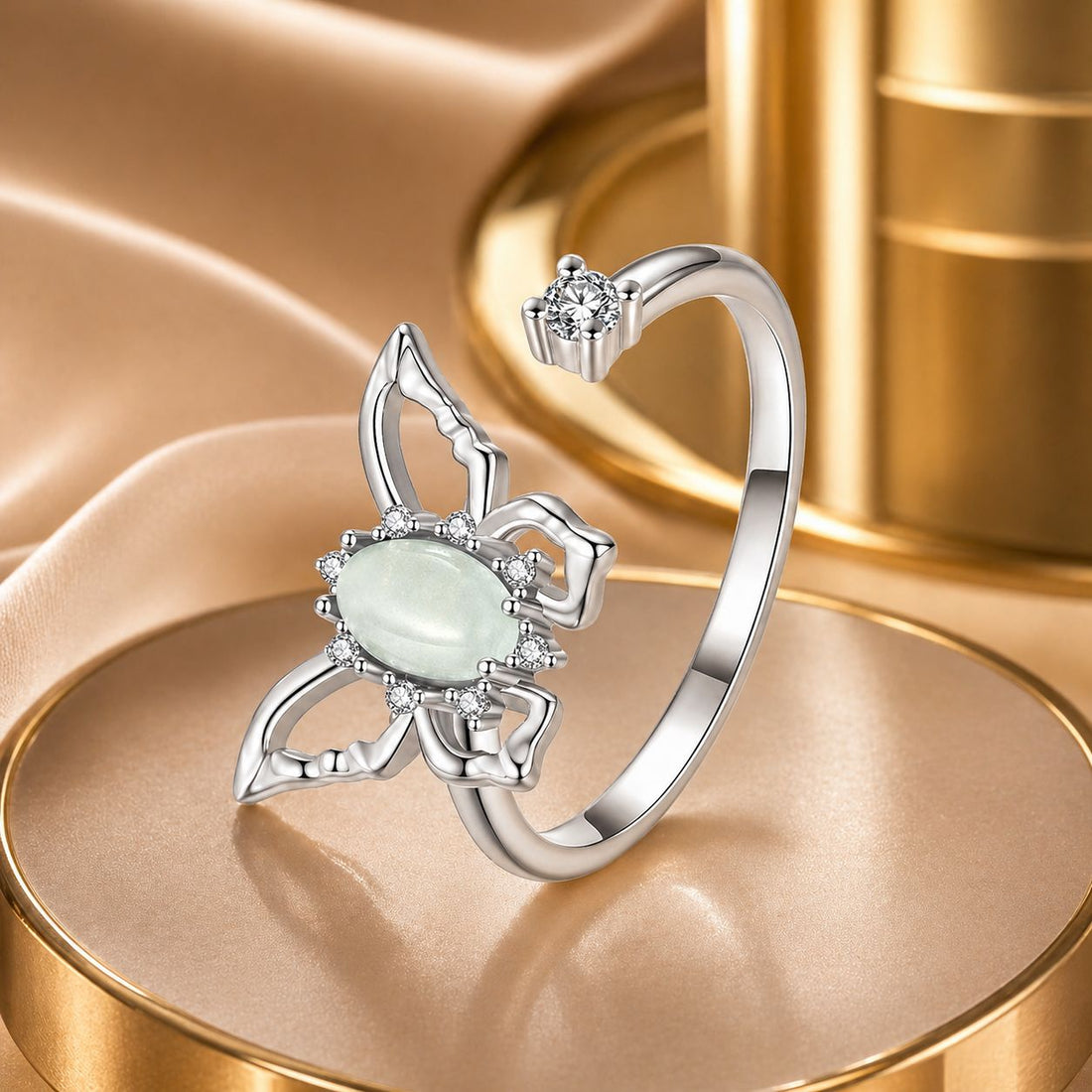 925 Sterling Silver &amp; Natural Jade Pavé Setting Ring for Women  DestGlow