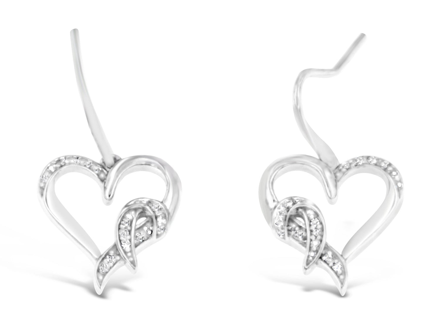 Sterling Silver Round Cut Diamond Heart Dangle Earrings (0.09 cttw, H-I Color, I1-I2 Clarity) by Bids.com