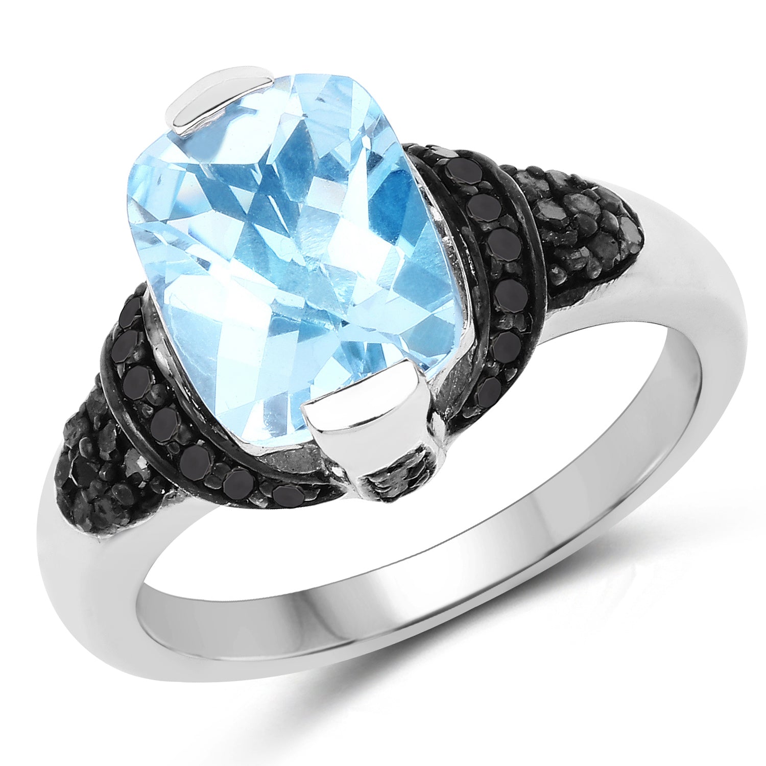 3.81 Carat Genuine Baby Swiss Blue Topaz, Black Diamond and White Diamond .925 Sterling Silver Ring by Bids.com