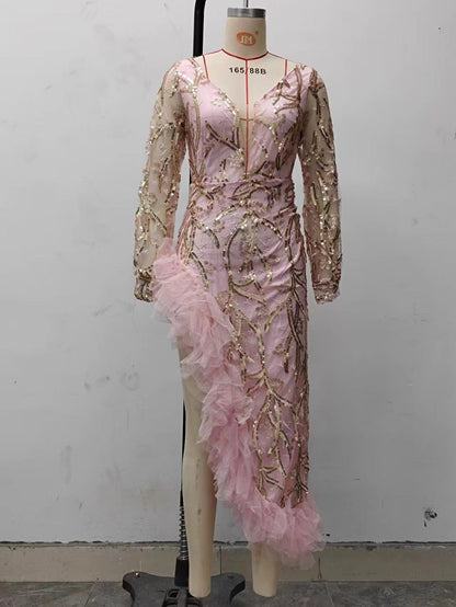 Fall Women Clothing Sexy Mesh Trailing Sequined Split Pink Evening Dress by Ragazza