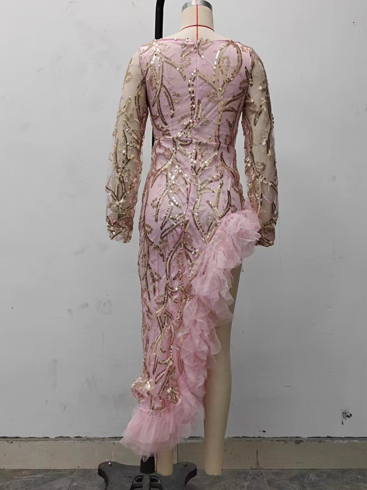 Fall Women Clothing Sexy Mesh Trailing Sequined Split Pink Evening Dress by Ragazza