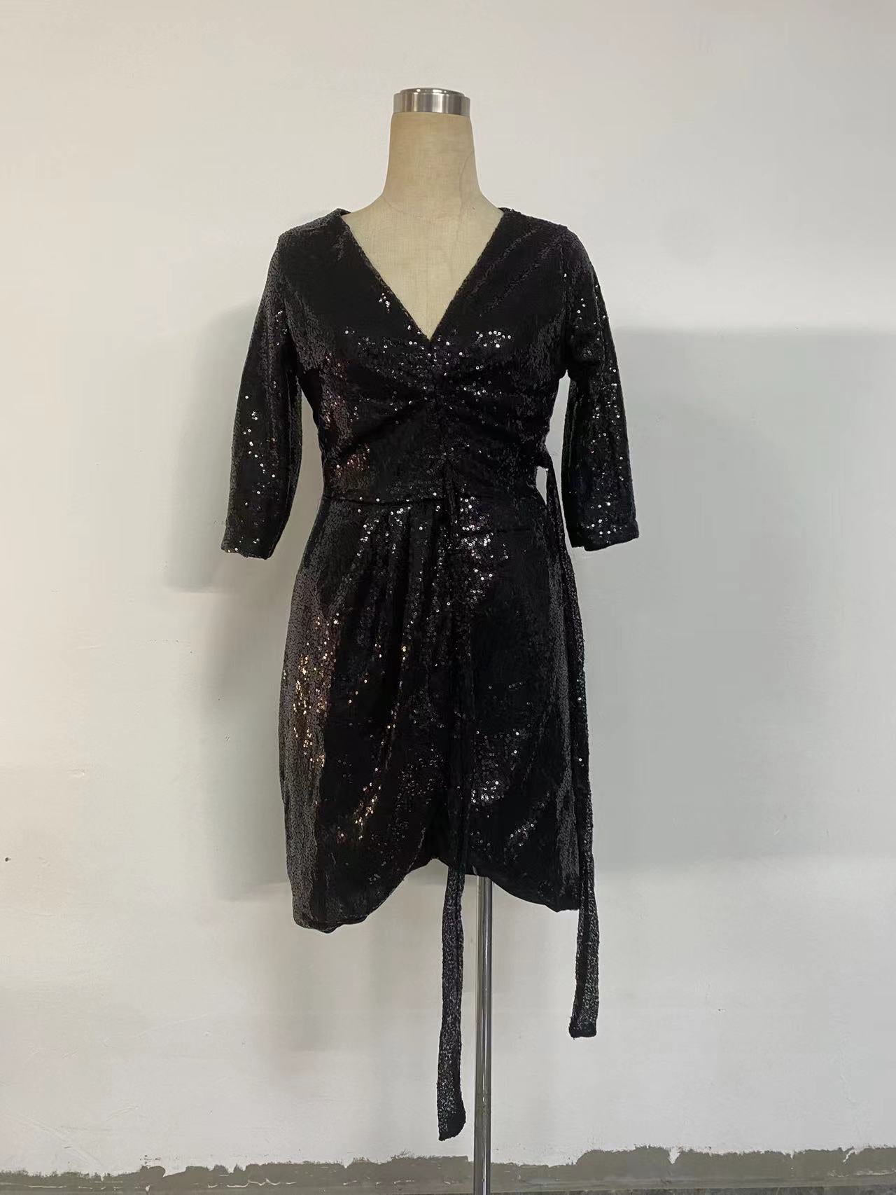 Women Dress Sexy Long Sleeve Solid Color Sequ V neck Lace up Small Dress by Ragazza