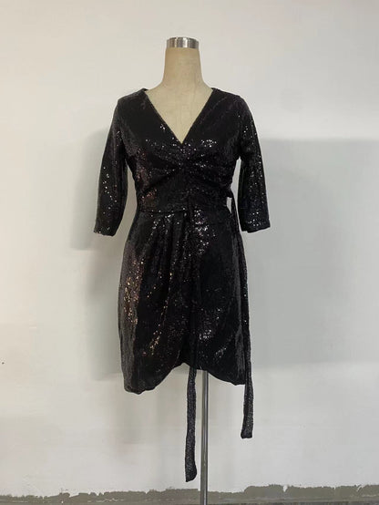Women Dress Sexy Long Sleeve Solid Color Sequ V neck Lace up Small Dress by Ragazza