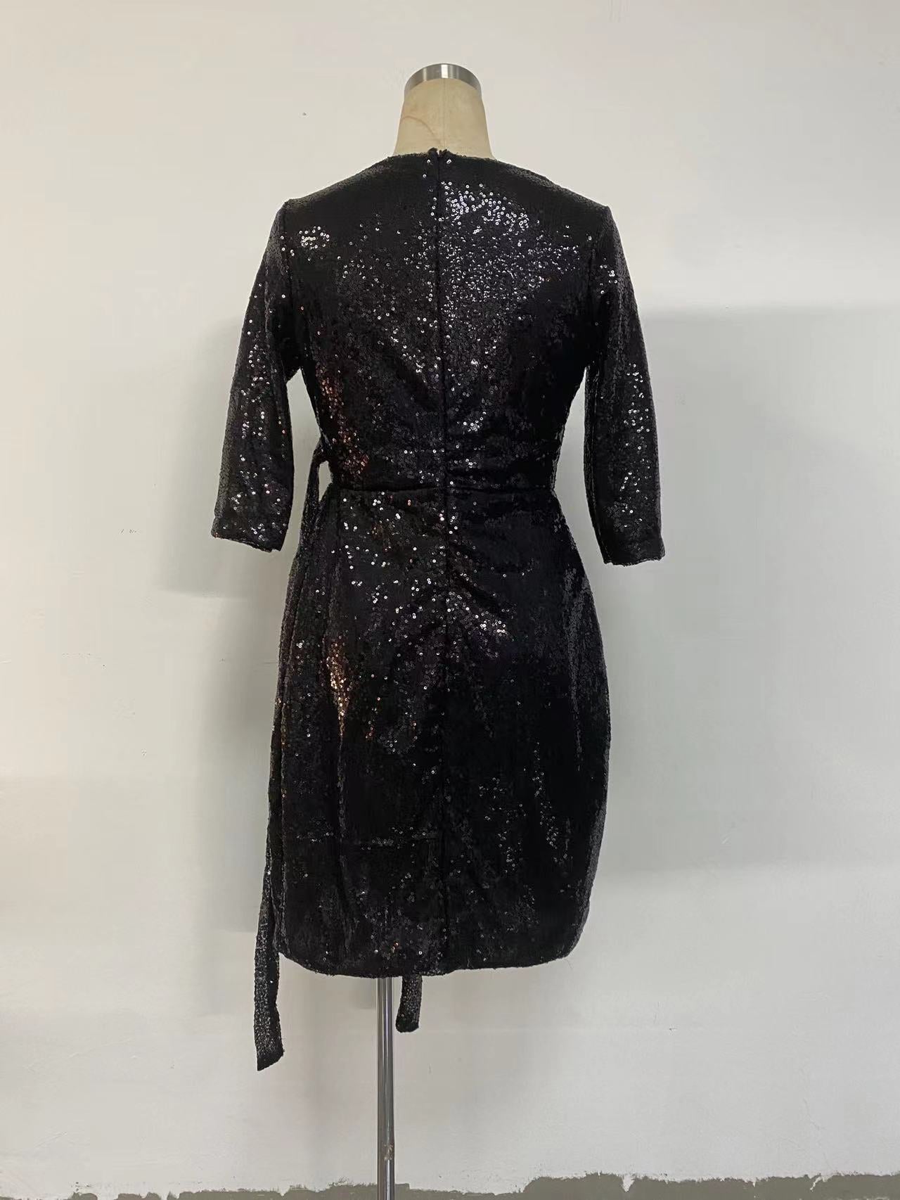 Women Dress Sexy Long Sleeve Solid Color Sequ V neck Lace up Small Dress by Ragazza