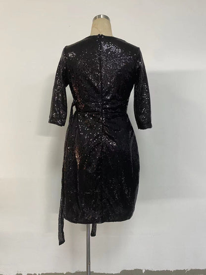 Women Dress Sexy Long Sleeve Solid Color Sequ V neck Lace up Small Dress by Ragazza