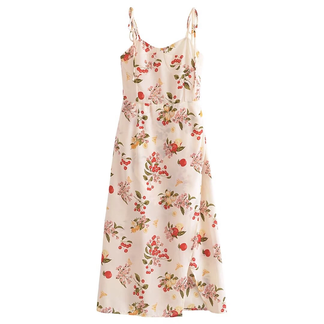 Summer French Vintage Floral Vacation Sexy Slit Strap Dress  DestGlow