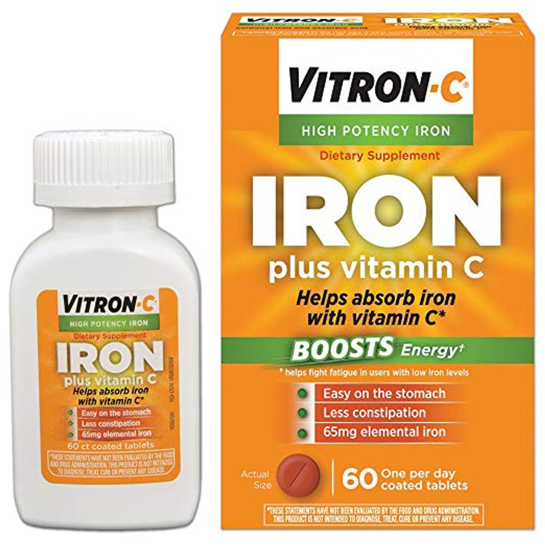 Vitron-C Iron Supplement with Vitamin C, High Potency Iron for Energy Support, 60 Coated Tablets by Pasteur Pharmacy