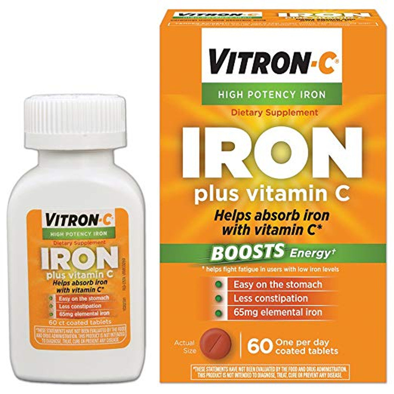 Vitron-C Iron Supplement with Vitamin C, High Potency Iron for Energy Support, 60 Coated Tablets by Pasteur Pharmacy