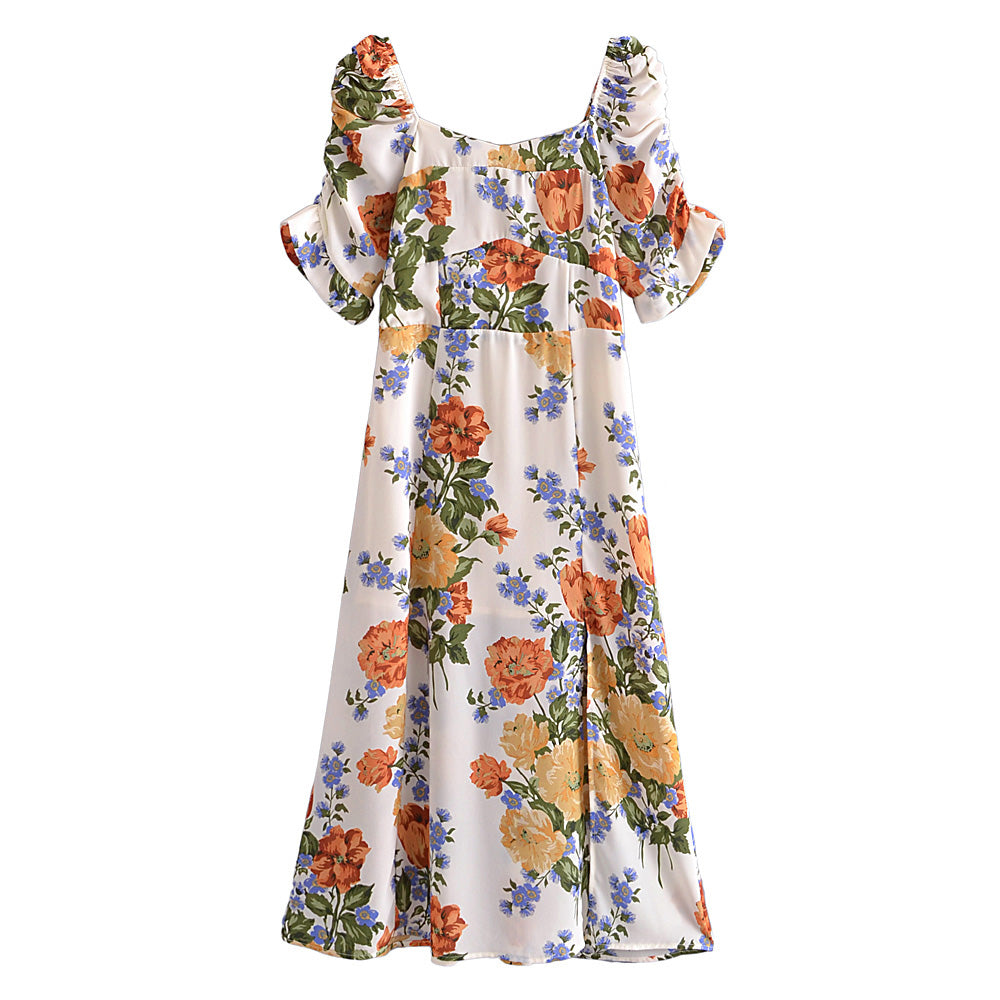 Puff Sleeve Pleated Slim Fit Slimming Side Slit Sexy Overknee Dress Square Collar Printed Dress for Women  DestGlow