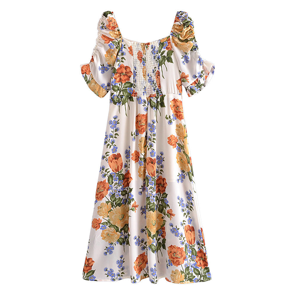 Puff Sleeve Pleated Slim Fit Slimming Side Slit Sexy Overknee Dress Square Collar Printed Dress for Women  DestGlow
