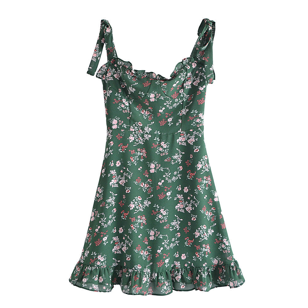 Sweet Sexy French Vintage Little Fresh Floral Printed Slim Fit Stringy Selvedge Lace up Dress  DestGlow