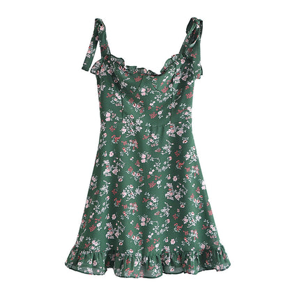 Sweet Sexy French Vintage Little Fresh Floral Printed Slim Fit Stringy Selvedge Lace up Dress  DestGlow