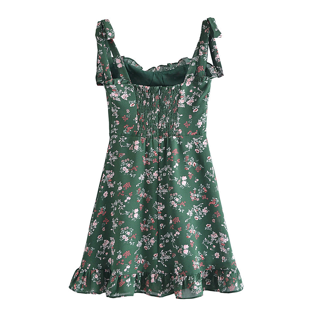 Sweet Sexy French Vintage Little Fresh Floral Printed Slim Fit Stringy Selvedge Lace up Dress  DestGlow
